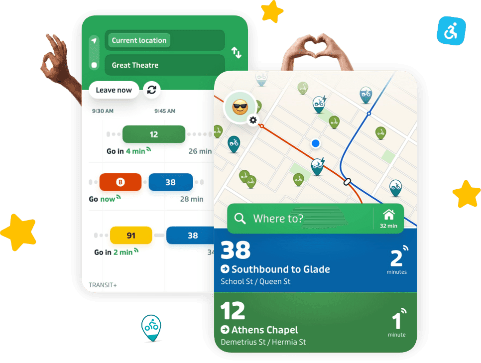 Transit nearby and trip results screens